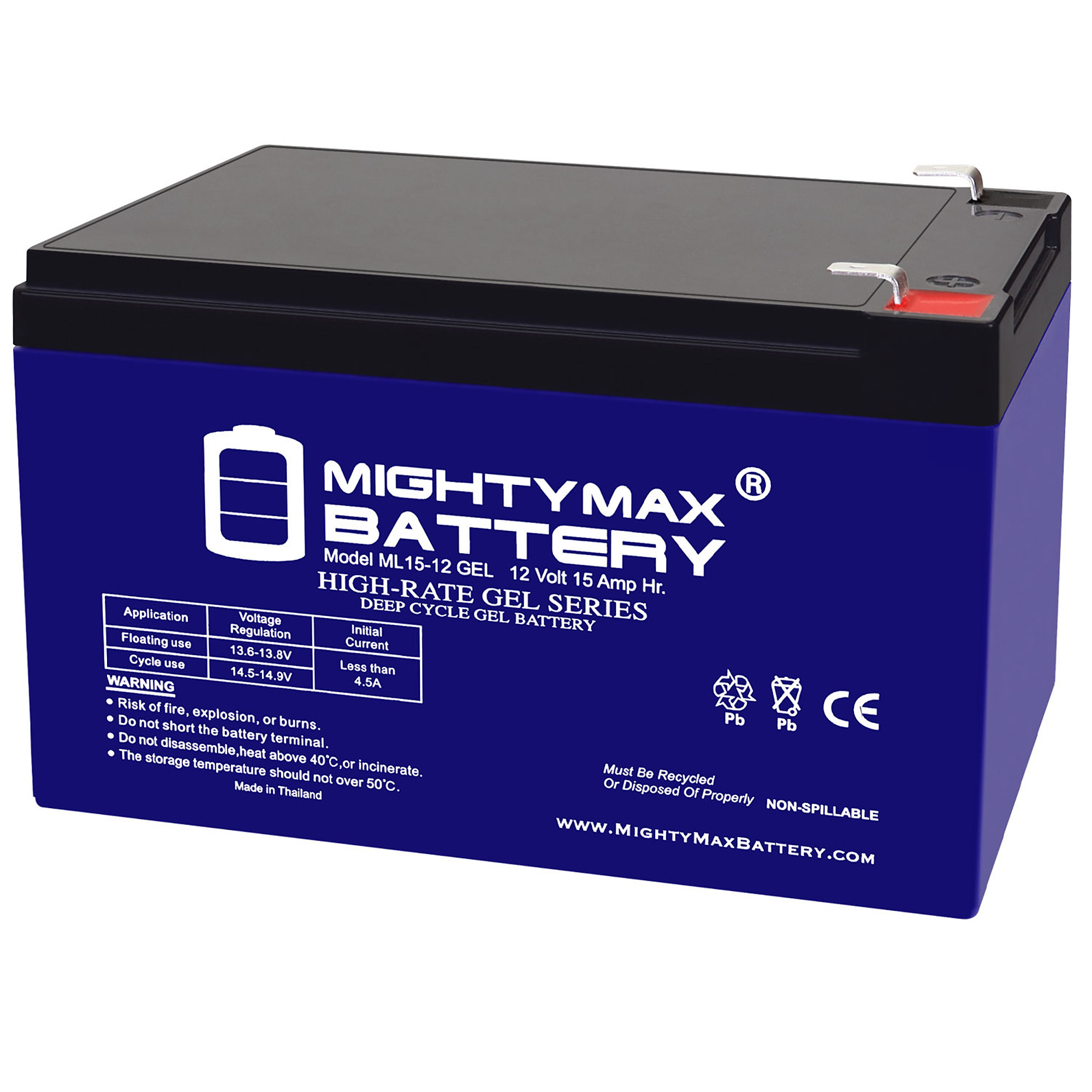 Mighty Max Battery ML15-12 GEL — 12 Volt, 15Ah, GEL Type, F2 Terminal, Rechargeable SLA AGM Battery, 6 Pack, Model# MAX4094718